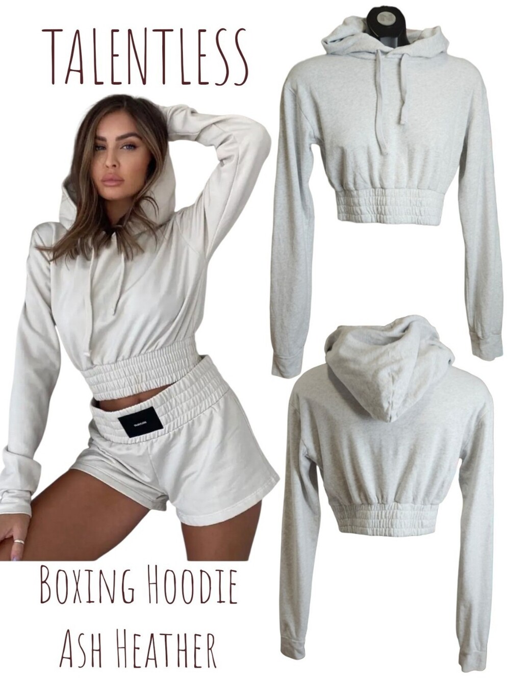 TALENTLESS Women's Boxing Hoodie Ash Heather cropped smock waist sweatshirt xs